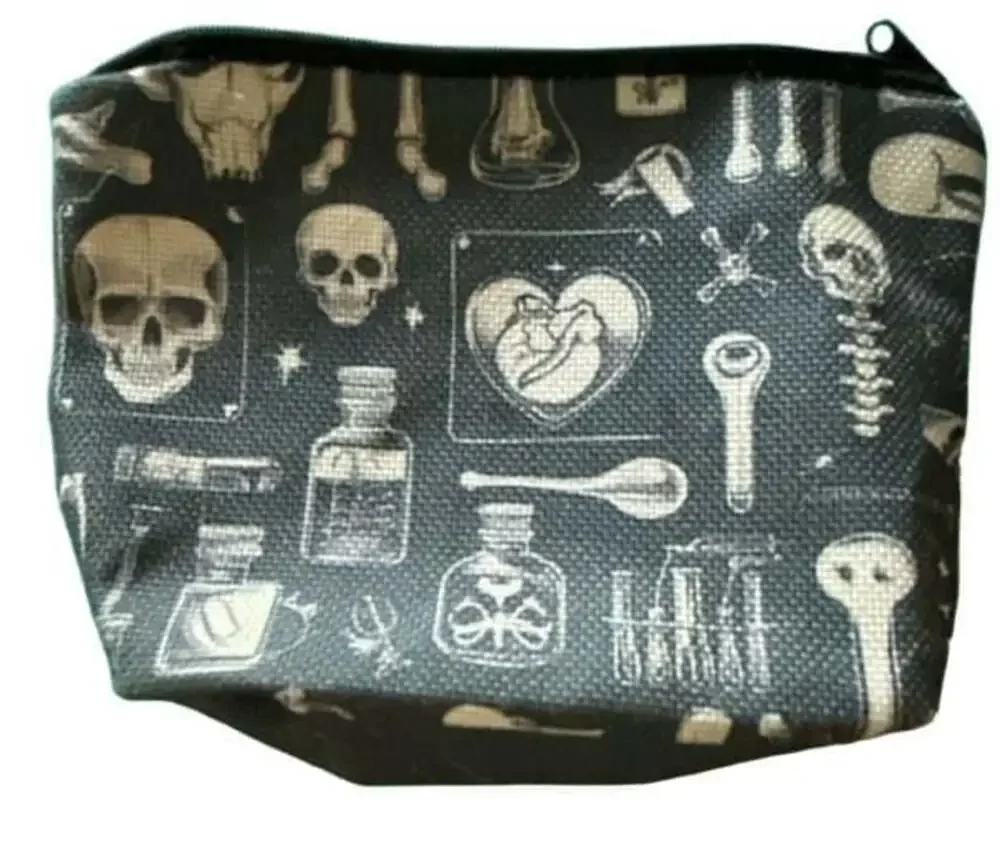 Human Anatomy Skull and Oddities Print Cosmetic Makeup Pouch Zipper Bag